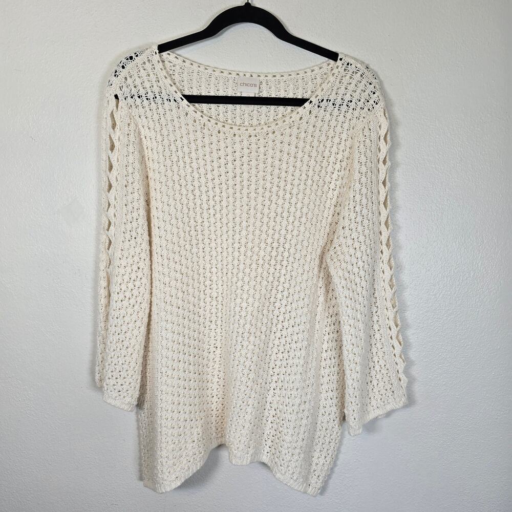 Chico's Open Knit Sweater Women's L Cream Crochet Coastal Summer Casual Boho